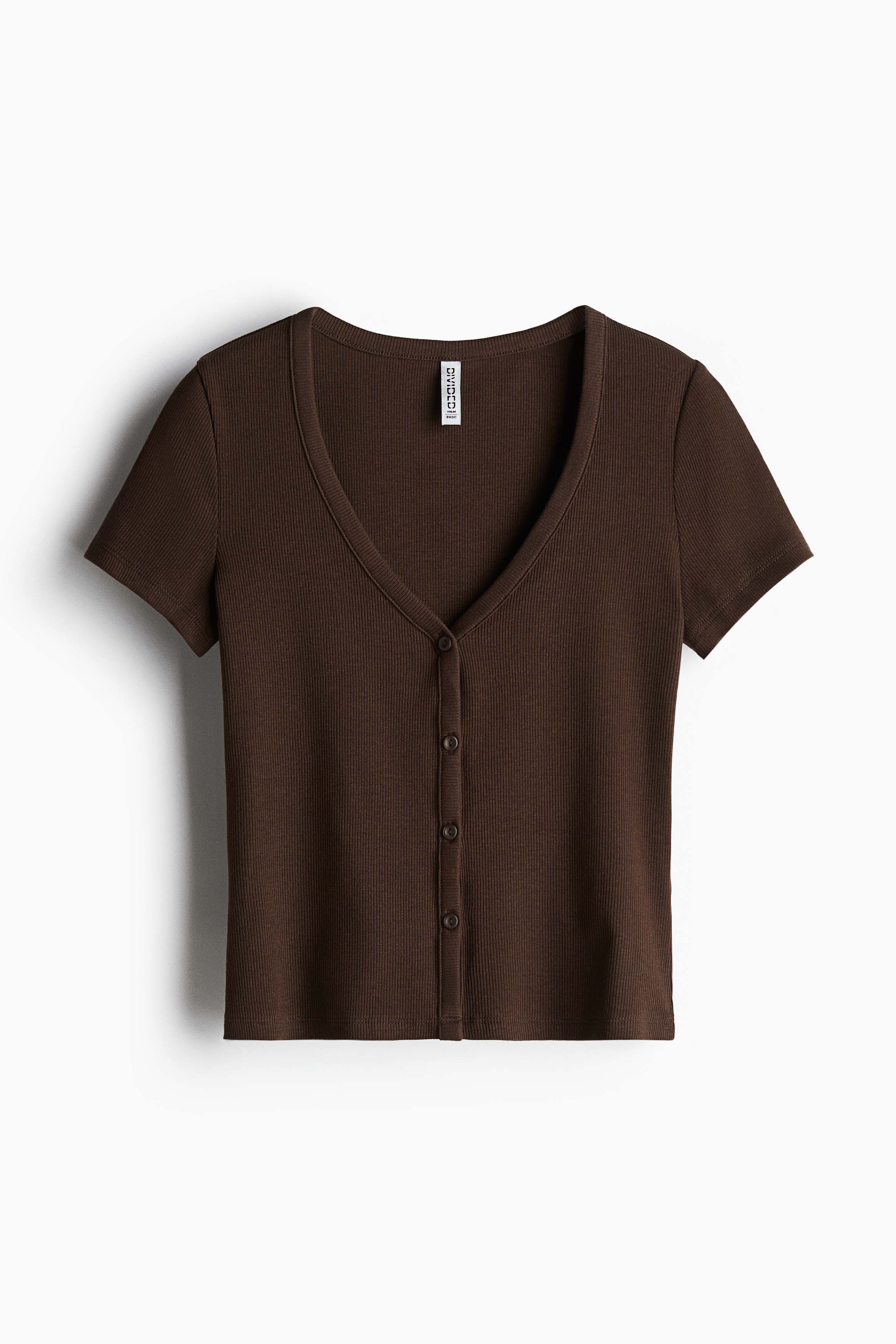 H & M - Ribbed button-front T-shirt - Brown
